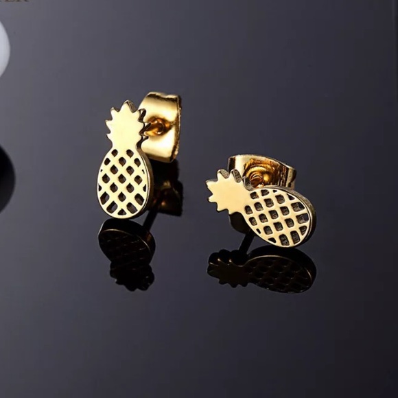 SILVER Mini Pineapple ♡ Stainless Steel Stud Earrings - Picture 2 of 7